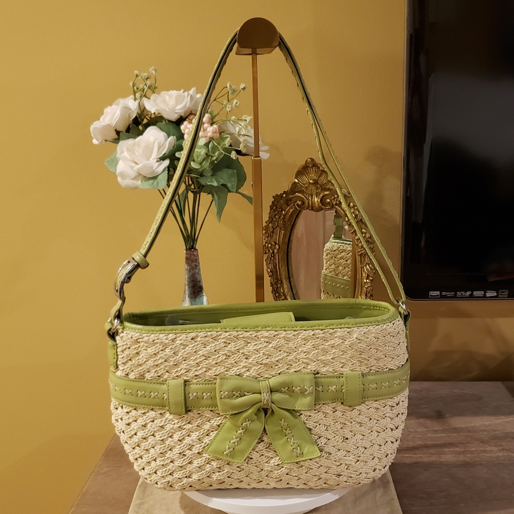 Brighton Straw Crossbody Bag with Lime Green Trim
